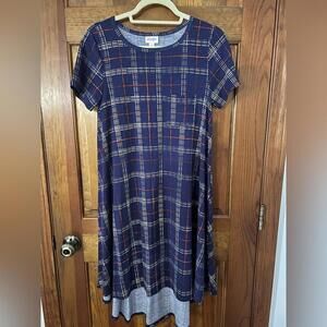 LuLaRoe Carly Dress Blue Plaid Red Soft High Low Swing T Shirt Flowy XS EUC